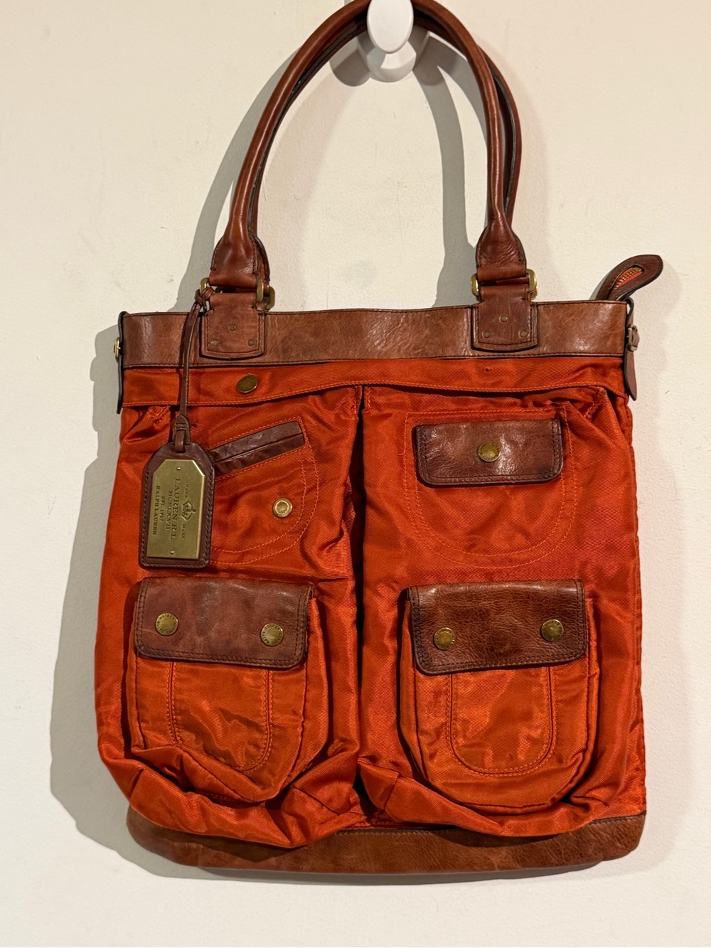 Ralph Lauren Orange Nylon & brown Leather Pocket Tote